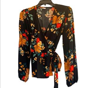 Long Sleeved Old Navy black and floral wrap top, M
